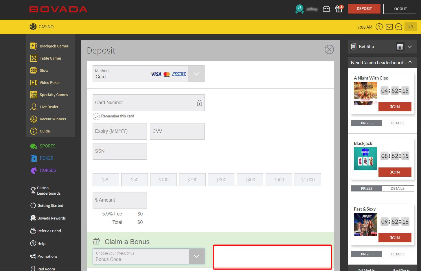 Claiming a no deposit bonus at Bovada casino